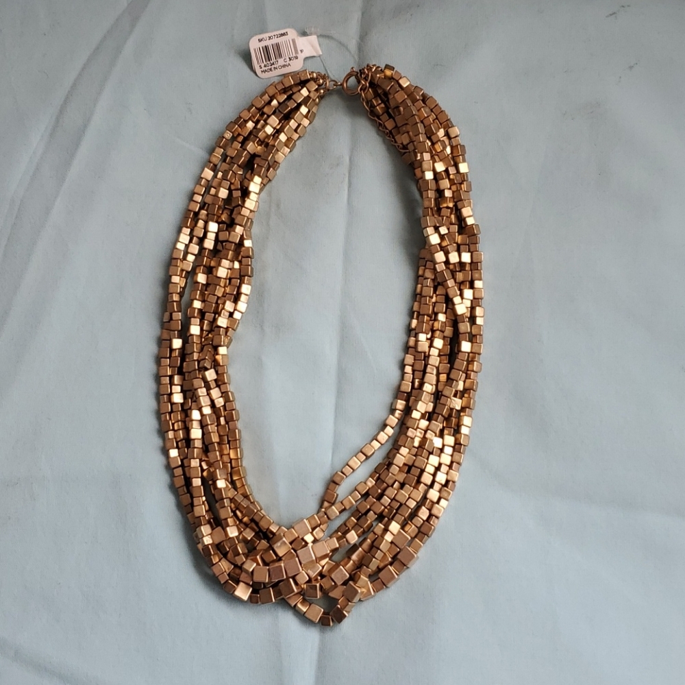 Multi strand square bead gold tone necklace